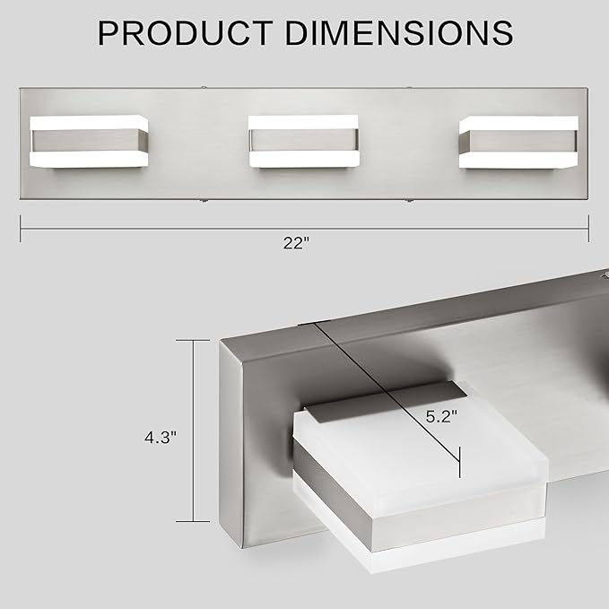 PRESDE 3-Light LED Bathroom Light Fixtures Over Mirror Brushed Nickel Vanity Light for Bathroom Modern Bath Wall Lighting Dimmable 5CCT