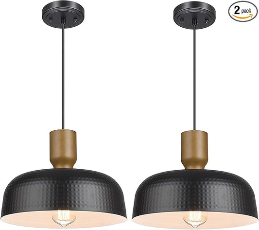 Darkaway Industrial Pendant Light Fixtures Ceiling Hanging with Hammered Metal Shade, Black Pendant Light for Kitchen Island Lighting Hanging Lamp Adjustable Height, Medium 2 Pack