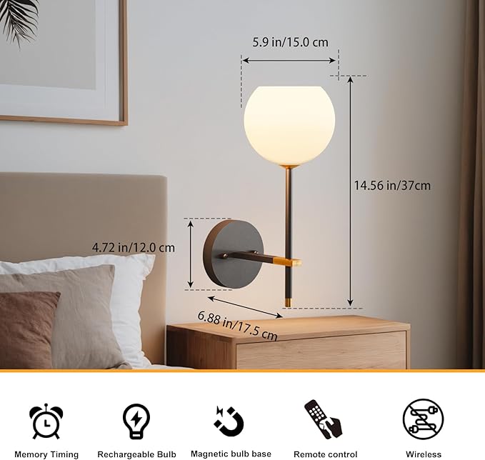 Black and Gold Battery Operated Wall Sconces Set of 2, Wireless Rechargeable Wall Light Fixtures for Home Decor, 12 RGB and 3CCT Dimmable Wall Lamps with Remote for Bedroom Living Room Hallway