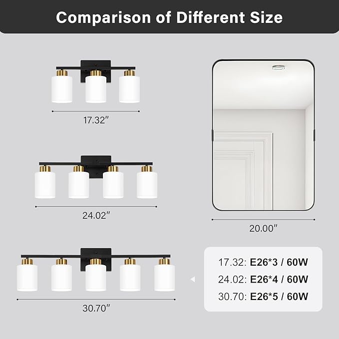 FonmYim Black and Gold Bathroom Light Fixtures, 3-Light Modern Vanity Light Over Mirror, Wall Sconces with Milky White Frosted Glass Shades, E26 Socket (Bulbs Not Included)