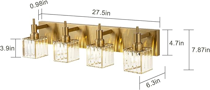 Gold Bathroom Light Fixtures, 4-Lights Crystal Bathroom Vanity Light Over Mirror Modern Gold Crystal Wall Light