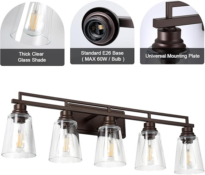 Refice 5-Light Bathroom Vanity Lights, Bathroom Light Fixtures with Clear Glass Shades, Vintage Oil Rubbed Bronze Wall Sconces Over Mirror for Living Room, Farmhouse, Hallway