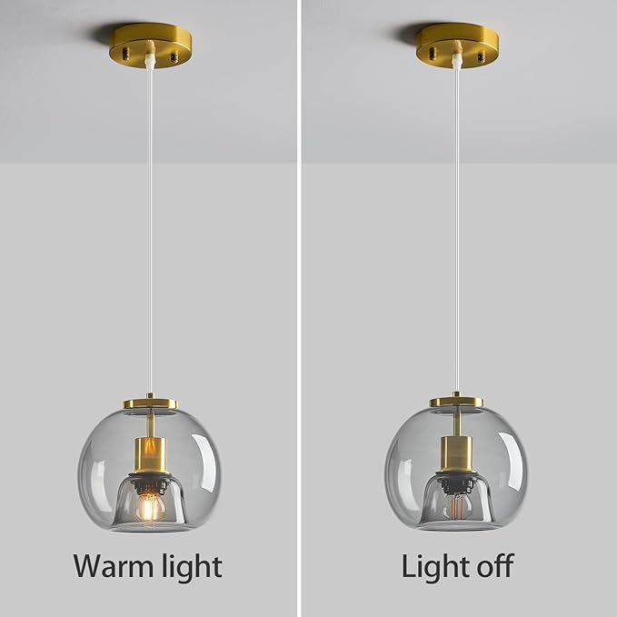 Light Grey Glass Pendant Lights Kitchen Island Gold Hanging Light Fixture Glass Globe Pendant Light Modern Pendant Lighting for Kitchen Island Bedroom Dining Room (7.87", 1 Pack)