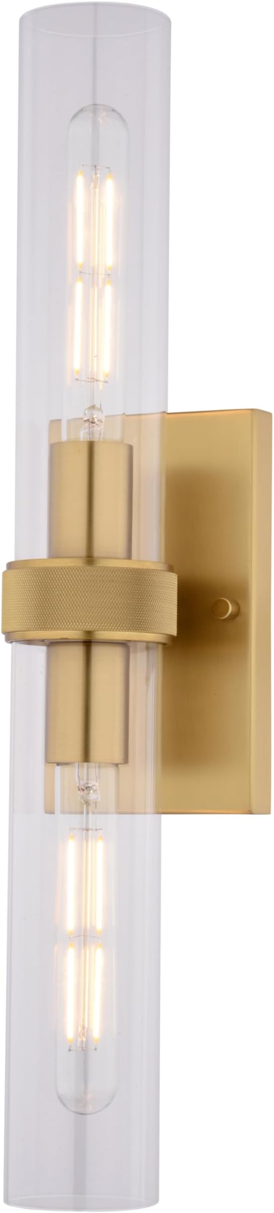 VAXCEL Bari 2-Light 4.5 in. Wide Satin Brass Contemporary Wall Sconce, Clear Glass Shade, Dimmable, LED Compatible, Vertical or Horizontal Mount, Steel Bathroom Vanity Lighting Fixture