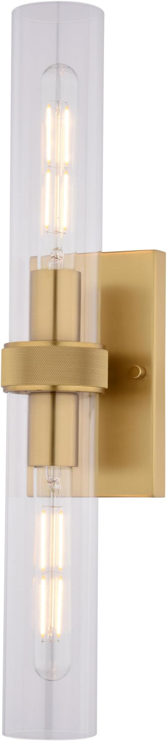 VAXCEL Bari 2-Light 4.5 in. Wide Satin Brass Contemporary Wall Sconce, Clear Glass Shade, Dimmable, LED Compatible, Vertical or Horizontal Mount, Steel Bathroom Vanity Lighting Fixture