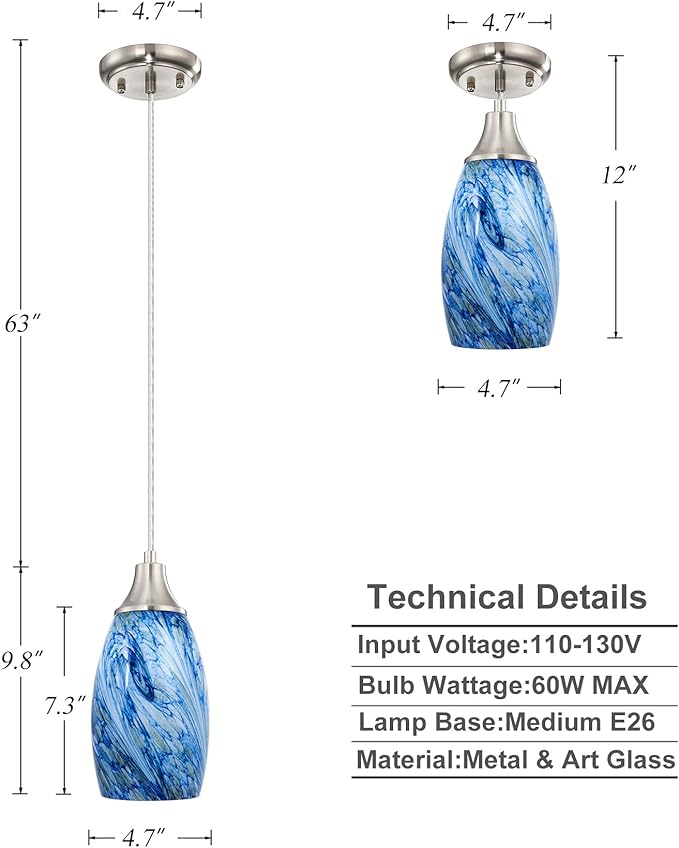 karyfine Mini Pendant Lights Kitchen Island White Blue Glass Lamp Shade Hand Blown Glass Pendant Light with Brush Nickel Finish Adjustable Cord for Kitchen Over Sink Hallway,Dining Room,Stairs Way