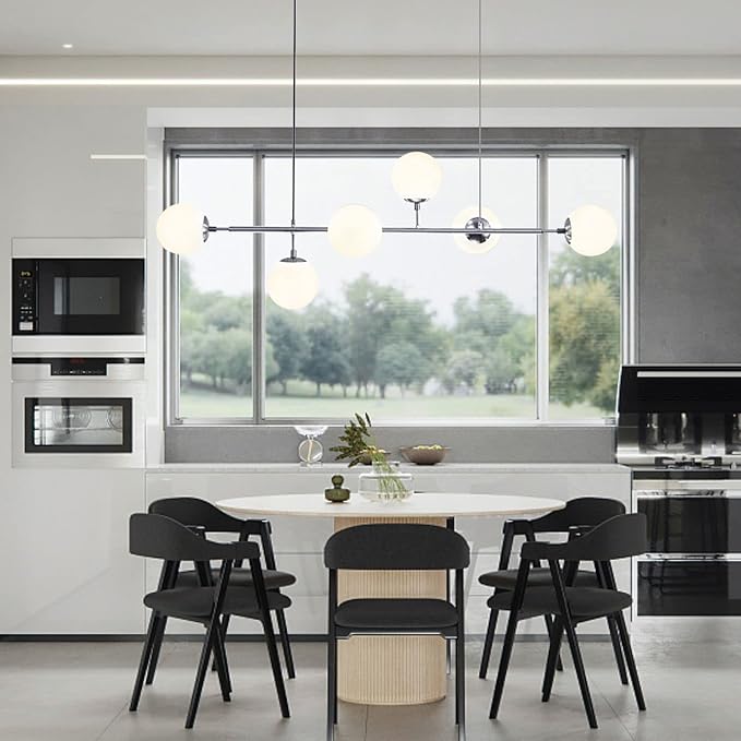 BOKT Modern 6-Light Ceiling Pendant Lighting Mid-Century Large Globes Sputnik Chandelier Brushed Nickel Milk Glass Globe Linear Pendant Light Dining Room Flush Mount Ceiling Lamp