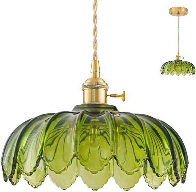 Glass Pendant Lights Kitchen Island, Vintage Brass Pendant Light Fixtures, Adjustable Green Kitchen Pendant Lighting Over Island for Bedroom Living Room Hallway Dining Room