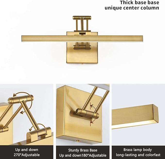 Hard-Wired Picture Light Dimmable LED Picture Lights for Paintings 15.7" Inch Brass Metal Body Wall Pictures with Adjustable Gold Swing Arm Art Display Lamps 7W 3000K Warm White Book Light