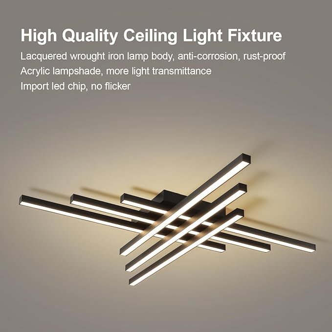 JAYMP 43.3" Modern Ceiling Light with Remote, Black Sputnik Ceiling Lamp, 96W Dimmable LED Lighting Fixture for Dining Room, Living Room, Kitchen Island, 6 Lights