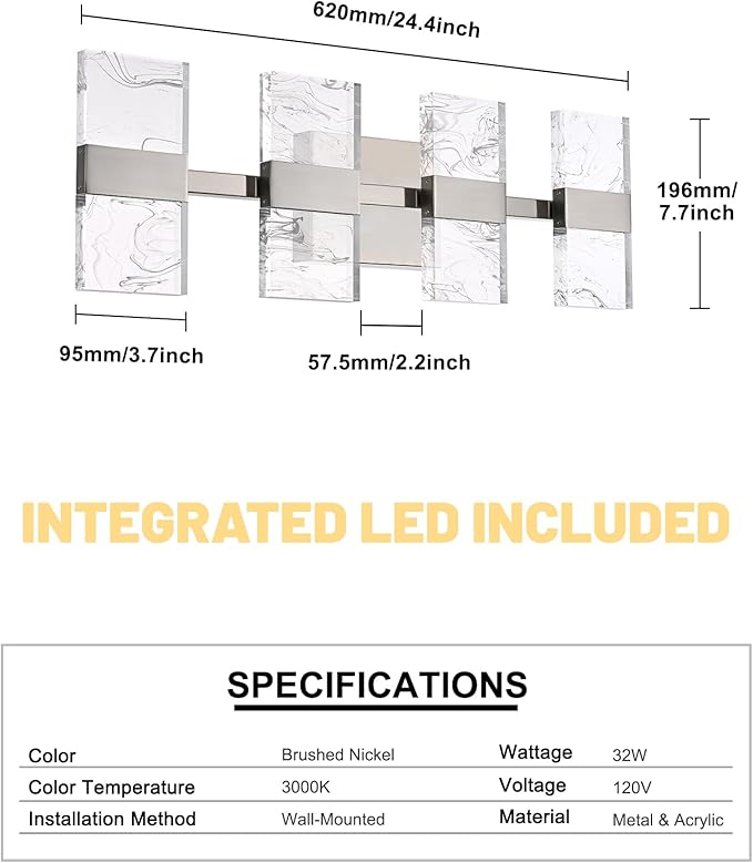 WINSEHN Brushed Nickel LED 3000K Bathroom Light Fixture, Modern 4-Lights Vanity Lighting with Smoke Acrylic Shades, Wall Lamp Over Mirror for Kitchen Bedroom (Integrated Led Chips Included)