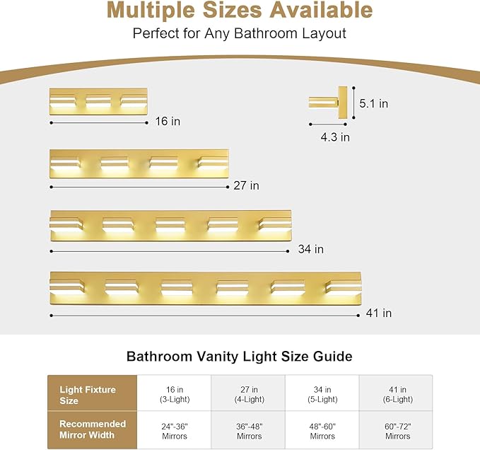 Modern LED Small Bathroom Lights Fixtures 3-Light,Metal Gold Acrylic Wall Lighting,Vanity Lights for Bathroom Over Mirror 6000k 16in