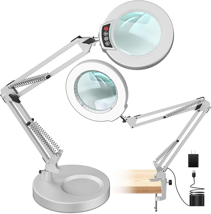 10X Magnifying Glass with Light and Stand, 5 Color Modes, Brightness Stepless Dimmable LED Lighted Magnifier Hands Free, 2-in-1 Desk Lamp & Clamp Light, Magnifier Lamp for Crafts - Silvery