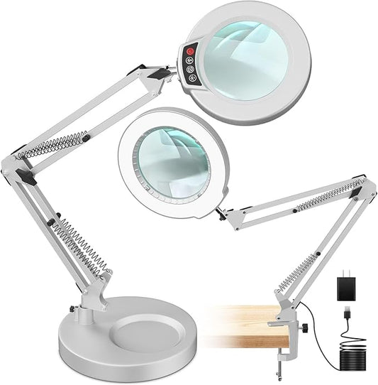 10X Magnifying Glass with Light and Stand, 5 Color Modes, Brightness Stepless Dimmable LED Lighted Magnifier Hands Free, 2-in-1 Desk Lamp & Clamp Light, Magnifier Lamp for Crafts - Silvery