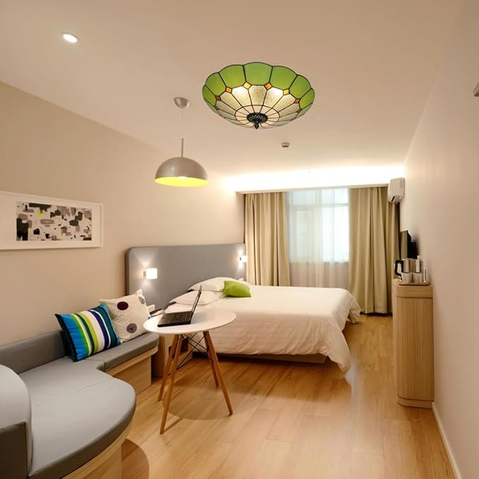 Tiffany Style Ceiling Light 16 Inch 3-Lights Stained Glass Flush Mount Ceiling Light for Bedroom Dining Room Living Room