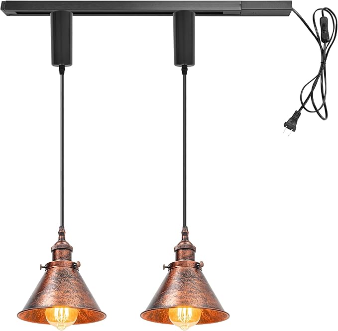 1x Plug in Cable Track Rail, 2X Adjustable Cord Rust Track Lighting Fixtures E26 Base H-Type Vintage Design for Kitchen Loft(No Bulb)