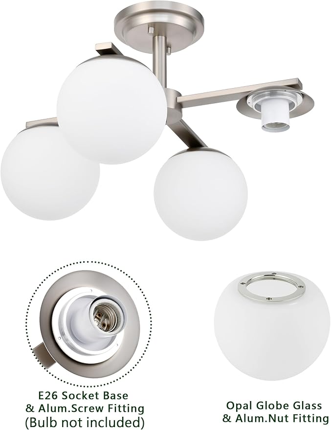 Brushed Nickel Semi Flush Mount Ceiling Light, 4-Ligh Modern Kitchen Lighting Fixtures with Globe Glass Shade, Hallway Light Fixtures Ceiling Mount for Dining Room, Living Room, Bedroom, Foyer
