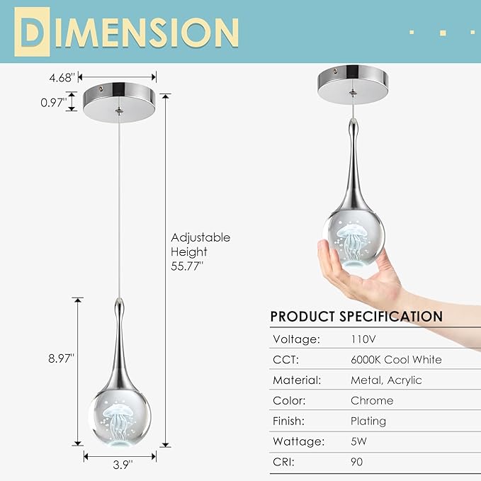 CHYING 3 Pack Mini Modern LED Pendant Lights Kitchen Island, Chrome 5W Crystal Globe Jellyfish Pendant Lighting for Dining Room Bathroom Bedroom Entry Foyer Bar, 6000K Cool White