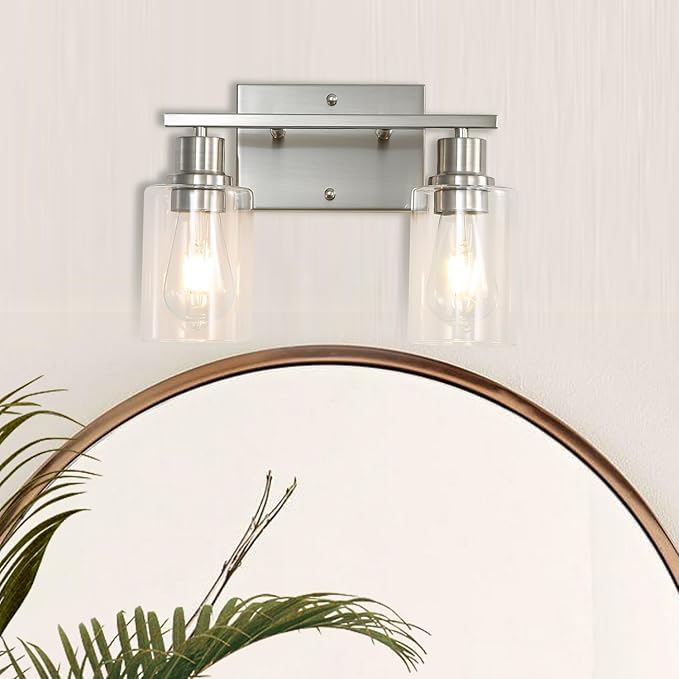 Farmhouse Wall Sconces 2-Lights Brushed Nickel Bathroom Vanity Light Fixtures,Classic Wall Lights with Clear Glass Shades, Modern Wall Lighting for Mirror,Bedroom,Living Room