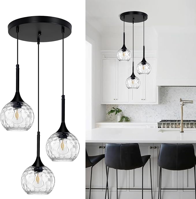 JHLBYL Glass Pendant Lights Kitchen Island: 5.91'' 3-Light Hammered Glass Pendant Light with Black Finish - Modern Minimalist Hanging Light Fixture for Kitchen Sink Dining Room - E26 Base