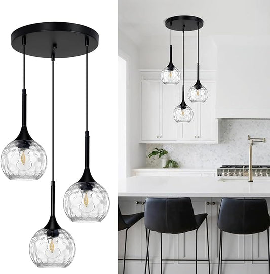 JHLBYL Glass Pendant Lights Kitchen Island: 5.91'' 3-Light Hammered Glass Pendant Light with Black Finish - Modern Minimalist Hanging Light Fixture for Kitchen Sink Dining Room - E26 Base