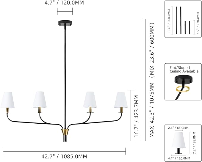 Modern 42" Linear Chandelier for Kitchen Island & Dining Room - 4-Light Black and Gold Finish with White Fabric Shades, Adjustable Hanging Pendant Light Fixture, E12