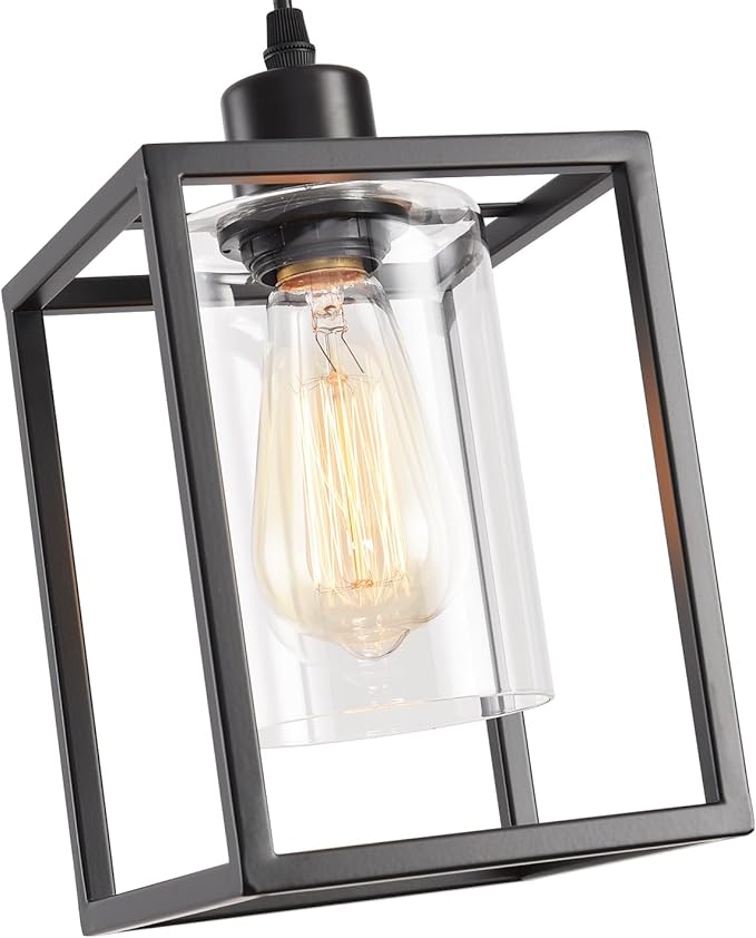 Black Pendant Lights for Kitchen Island Industrial Lantern Pendant Light Fixtures with Clear Glass Shade, Farmhouse Adjustable Height Hanging Pendant Lighting