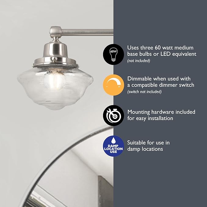 Design House Vintage-Inspired Schoolhouse 3-Light Dimmable Vanity Light, 23.125 in x 7.625 in x 9.5 in, Satin Nickel, Clear Seeded Glass Shades, 589143-SN