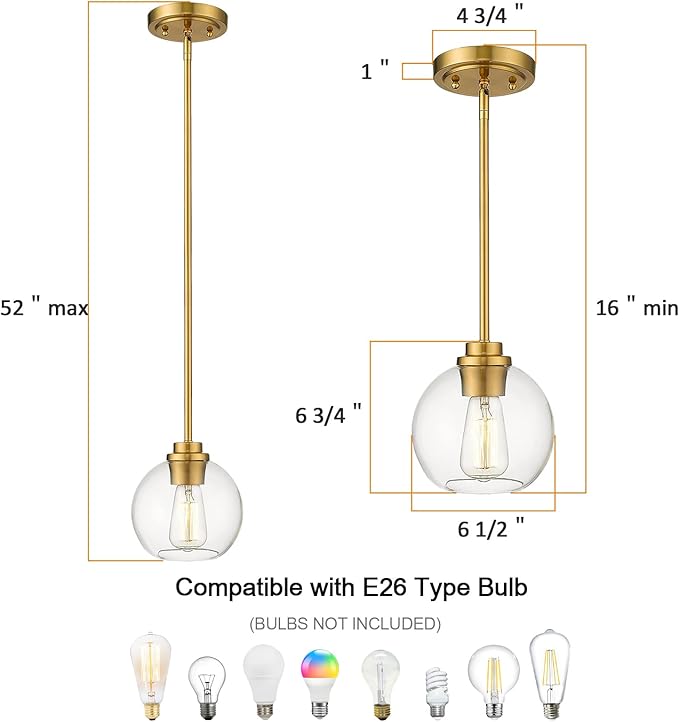 Gold Pendant Light – 7 Inch Clear Glass Farmhouse Hanging Fixture, Adjustable Height & Sloped Ceiling Compatible for Kitchen Island Dining Room Entryway Bedroom Hallway, 1 Pack