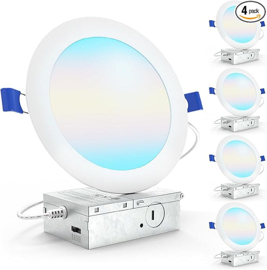 Sunco 6 Inch LED Recessed Light, Canless Ceiling Lights Slim with Junction Box, 850 LM, 14W (100W Equivalent), Selectable CCT 2700K/3000K/4000K/5000K/6000K, Dimmable, Wafer Thin ETL 4 Pack.
