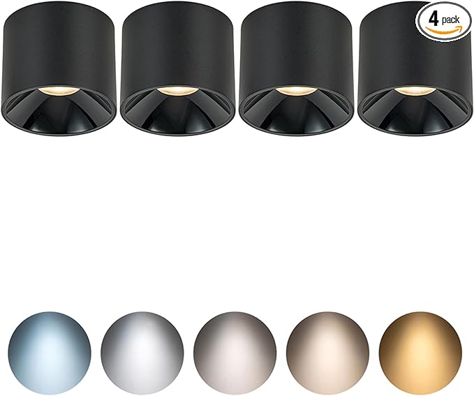 4.72'' 12W LED Ceiling Spot lights Dimmable Flush Mount Cylinder Downlight Fixtures,5CCT 2700K-6000K Selectable,CRI 95+ Aluminum Matte Black Cylinder Spotlights Indoor Mini Ceiling Light 4 Pack