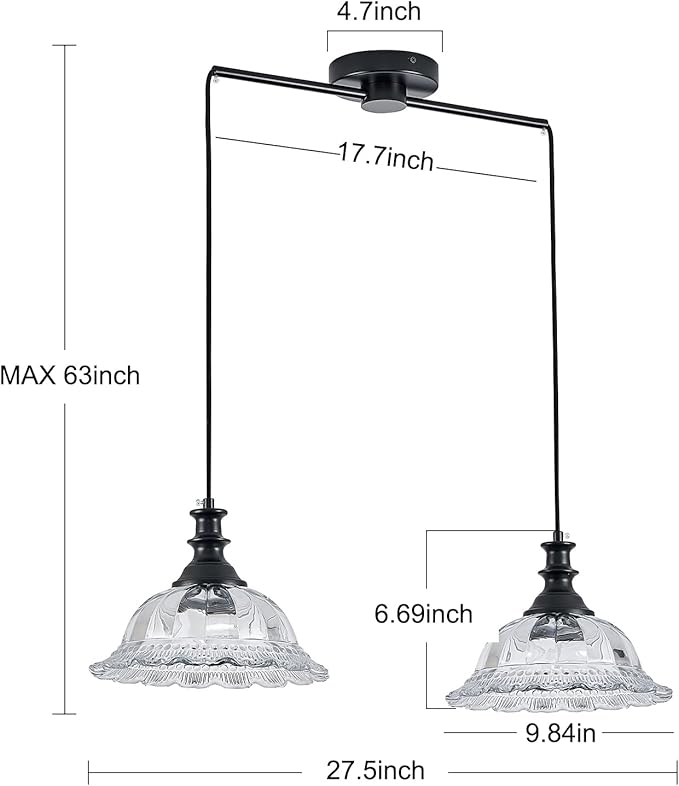 HDDFL 2 Light Pendant Light Fixtures Modern Glass Hanging Lights with Adjustable Cord for Kitchen Island Dining Room Living Room Hallway Black Metal