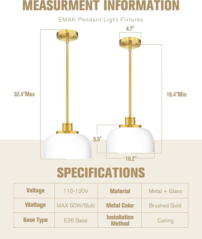 Emak Brushed Gold Pendant Lights Kitchen Island, 10 Inch Large Milk Glass Pendant Light Fixtures, Modern Hanging Lights for Kitchen Island, Dining Room, Bedroom, Bathroom, PL131-BGD-ML