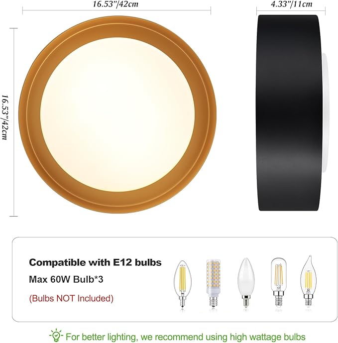 Vikaey Modern Flush Mount Ceiling Light, 3-Light Minimalist Round Close to Ceiling Light Fixture, Black and Gold Drum Ceiling Lamp with Glass Lampshade for Bedroom, Living Room, Kitchen, 16.5in