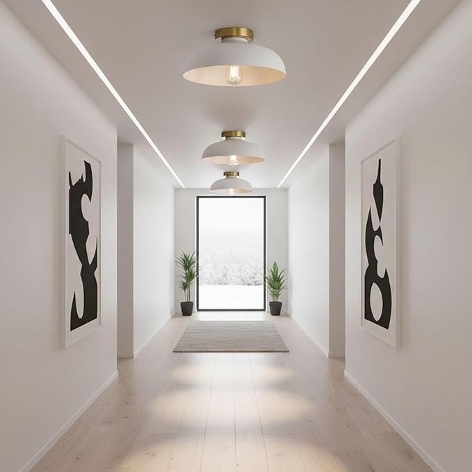 3 Pack Modern Semi Flush Mount Ceiling Light,Industrial White and Gold Ceiling Fixtures,E26 Ceramic Lamp Head Light Fixture for Kitchen Entryway Hallway Laundry Room Bedroom Foyer 11.8 Inch