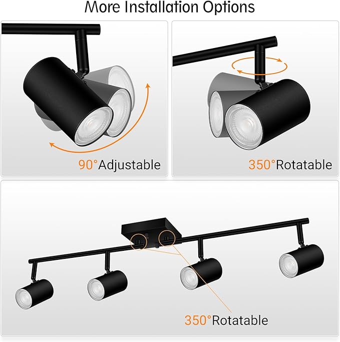 4 Light Track Lighting Fixtures Ceiling, Matte Black Track Lights Ceiling with Flexibly Rotatable Light Heads, Modern LED Track Light kit for Kitchen/Hallway, GU10 Bulb Not Included