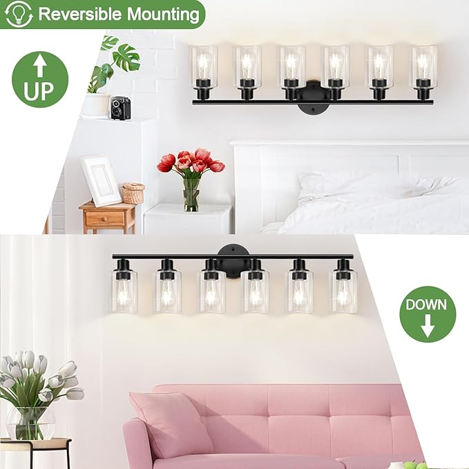 Zarbitta 6-Light Bathroom Light Fixtures, Black Modern Vanity Lights with Clear Glass Shade, Bathroom Wall Lamp for Mirror Kitchen Living Room Hallway Cabinet Porch