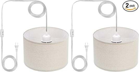 PATIKIL Plug in Pendant Light, 2 Pack 15Ft Rope Cord Hanging Lamp Fixture with ON/Off Switch, Linen Fabric Shade E26/E27 Bulb Socket for Bedroom Kitchen Living Room, Light Linen
