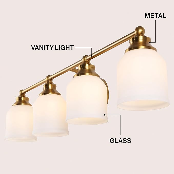 JONATHAN Y 33.25" Brass Gold/White Modern Farmhouse LED Vanity Light Wall Sconce Fixture, Frosted White Glass Shade, Dimmable Wall Lamp for Bathroom Mirror Kitchen Sink, UL Listed (JYL7552B)