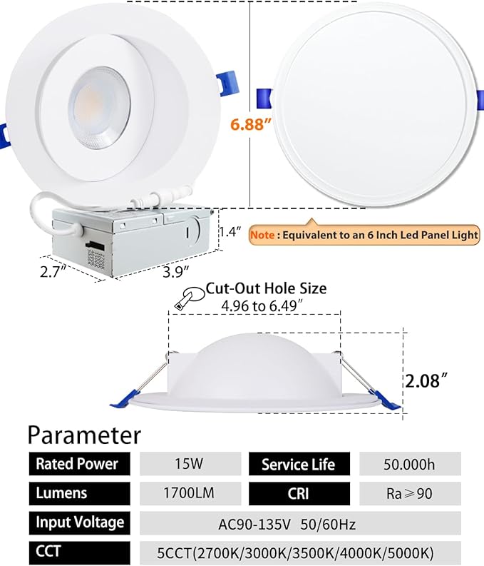 Adetu 6 inch 5CCT Gimbal Led Recessed Lights, 360°+90° Adjustable Directional Recessed Lighting, 2700K/3000K/3500K/4000K/5000K Dimmable Remodel Eyeball Canless Downlight with Jbox, ETL (White,4 Pack)