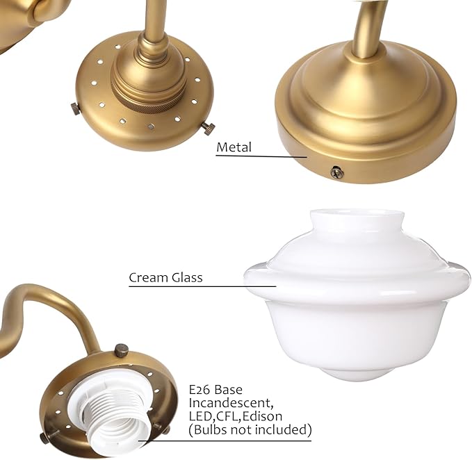Pathson Vintage Wall Sconce with Milk White Glass, Hardwired Swan-Neck Wall Vanity Light Bathroom Sconce Fixture for Living Room, Foyer, Loft, Bedroom, Farmhouse Lamp