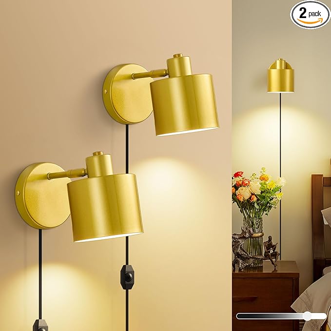 Lightess Plug in Wall Sconce with Switch, Dimmable Wall Lamp Plug in 350° Rotatable, Gold Wall Mounted Light for Restaurants Living Room Bedroom Stairway((Bulb Not Included)