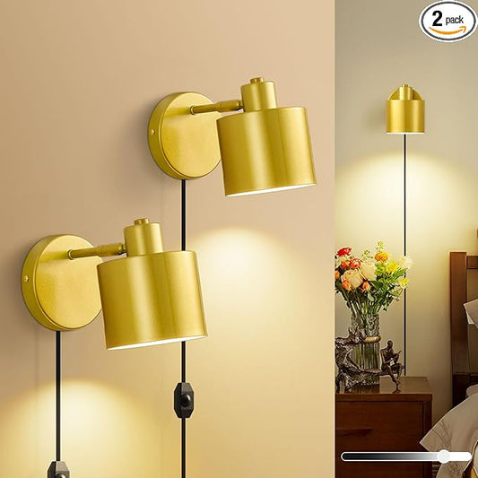 Lightess Plug in Wall Sconce with Switch, Dimmable Wall Lamp Plug in 350° Rotatable, Gold Wall Mounted Light for Restaurants Living Room Bedroom Stairway((Bulb Not Included)
