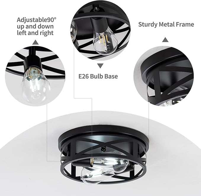 Hallway Ceiling lamp, 11 inch Farmhouse Metal cage Style,Suitable for Corridors, Entrances, Balconies, Kitchens,etc,Adjustable lamp Holders, 2 pcs, 6000K Cold White lamp (Black)
