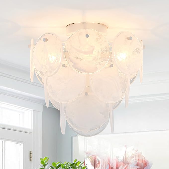 Modern Glass Flush Mount Light Fixture, Hallway Ceiling Light Unique Chandelier, 4-Light Flush Mount Chandelier for Bedroom Entryway, White Finish