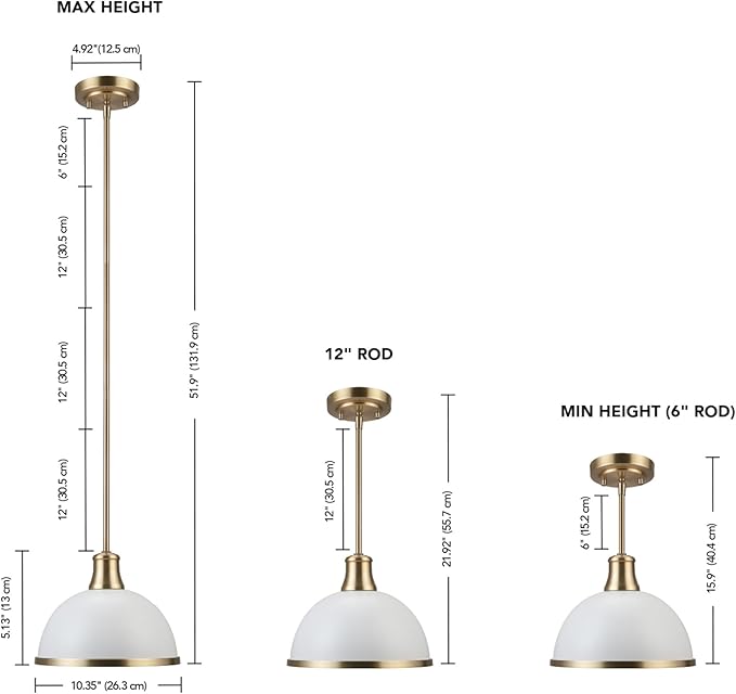 Globe Electric 60824 1-Light Pendant Light Fixture, Matte White, Brass Accents, Adjustable Hanging Height, Sloped or Vaulted Ceiling, Modern Lights for Kitchen Island, Hallway, or Dining Room