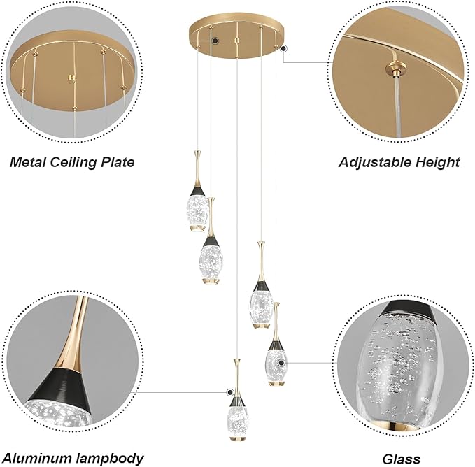 Modern Black Gold Pendant Light Dimmable LED Ceiling Light Fixtures Mini Teardrop Crystal Pendant Lighting for Kitchen Island Bedroom Hallway Entryway (5 Light，Champagne Gold)