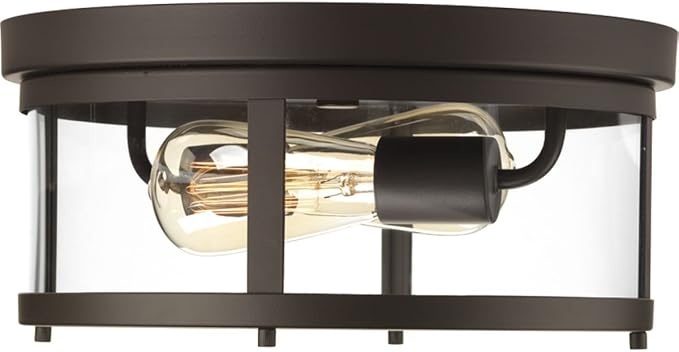 Progress Lighting Gunther Collection 2-Light Clear Glass Farmhouse Outdoor Flush Mount Light Antique Bronze, 5.75x12.63x12.63