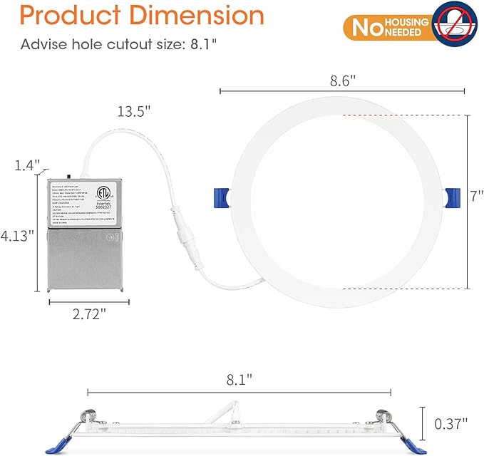 Meconard 4 Pack 8 Inch 5CCT LED Recessed Ceiling Light with Junction Box, 2700K/3000K/3500K/4000K/5000K Selectable Ultra-Thin Lighting, Dimmable 18W=125W, 1500LM, IC Rated Can-Killer Downlights, ETL