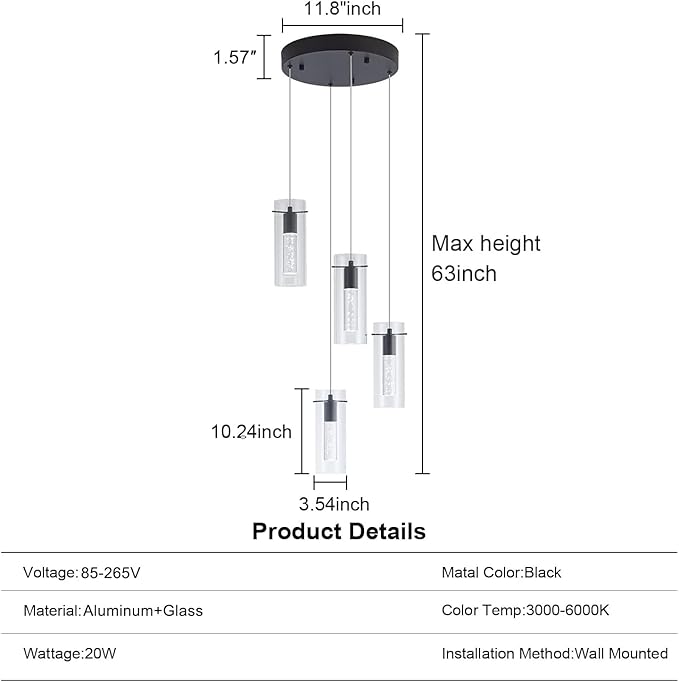 Black Pendant Lights, Modern Pendant Light Kitchen Island Pendant Light Fixtures, Modern Island Light with Bubble for Kitchen, Dimmable Kitchen Chandelier Light Fixture (20W, 4-Light)